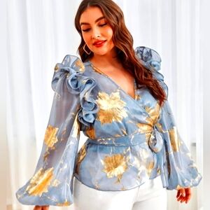 SHEIN Gold Floral And Silver Wrap Organza Blouse